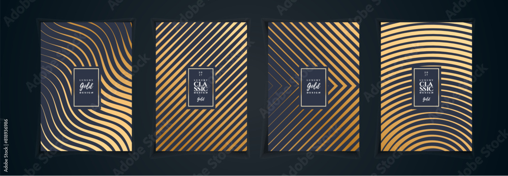 Abstract black and gold background, Modern black stripe geometric cover and poster design set collection. Luxury creative gold dynamic diagonal line pattern premium vector illustration