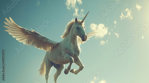 a winged unicorn with a long flowing mane and tail, flying in a cloudy sky. photo