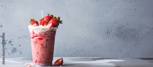 A toxic and moldy strawberry smoothie is displayed on a grey marble surface in a plastic container with space for a caption or image. Copyspace image photo