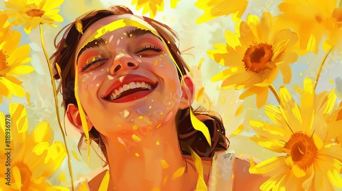 joyful woman celebrates world hepatitis day in daisyadorned photobooth with symbolic yellow ribbon digital painting