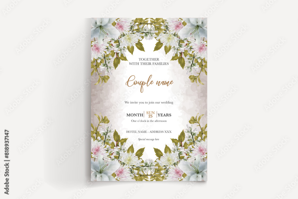 WEDDING INVITATION FRAME WITH FLOWER DECORATIONS AND FRESH LEAVES