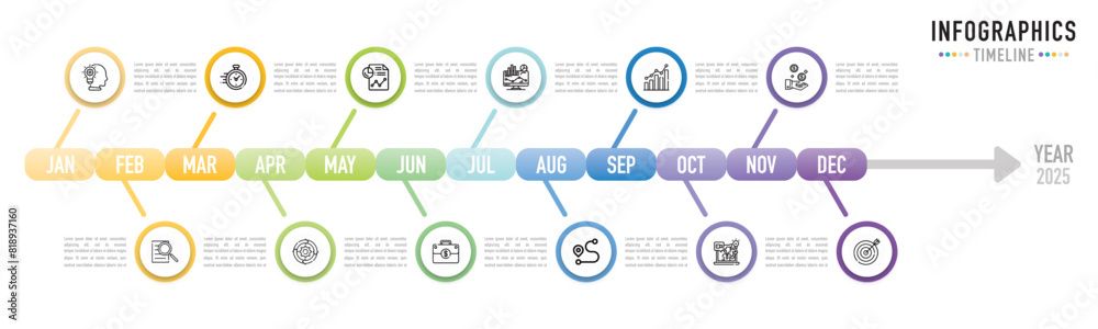 Timeline infographic template or element with 12 step, process, option, colorful circle, line, icons, label, rectangle, bar, arrow for sale slide, flowchart, workflow, planner, roadmap, milestone, web Timeline infographic template or element with 12 step, process, option, colorful circle, line, icons, label, rectangle, bar, arrow for sale slide, flowchart, workflow, planner, roadmap, milestone, web