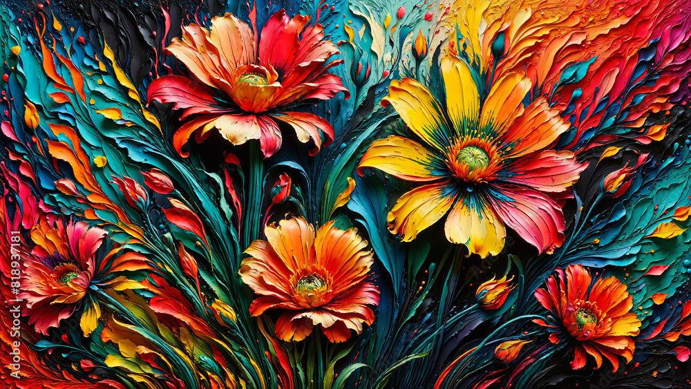 Symphony of colorful flowers in style of Impasto or Palette knife oil painting. Abstract art dynamic expressionism painting. Thick layer acrylic paint texture with vibrant bold colorful paint strokes