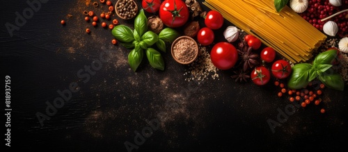 A top view of the various ingredients needed to cook Italian pasta including farfalle pasta red chili peppers cherry tomatoes basil black pepper garlic and parmesan cheese They are displayed on a dar photo