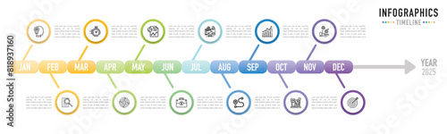 Timeline infographic template or element with 12 step, process, option, colorful circle, line, icons, label, rectangle, bar, arrow for sale slide, flowchart, workflow, planner, roadmap, milestone, web