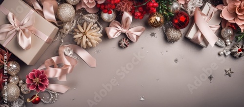 A festive flat lay arrangement of women s accessories fashion shoes a silver gift box with a bow party cocktails flowers and toys on a Christmas tree The top view reveals ample copy space in this Chr