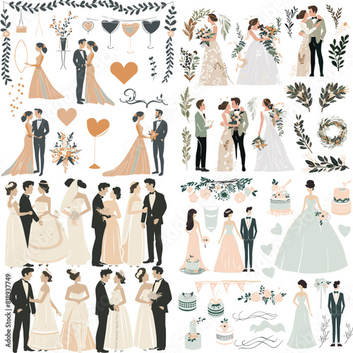 Set of wedding pictures, bride and groom in love, the vector
