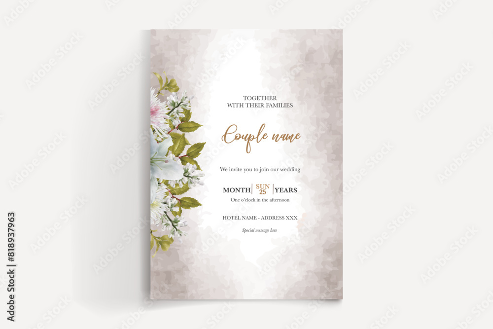 WEDDING INVITATION FRAME WITH FLOWER DECORATIONS AND FRESH LEAVES WEDDING INVITATION FRAME WITH FLOWER DECORATIONS AND FRESH LEAVES
