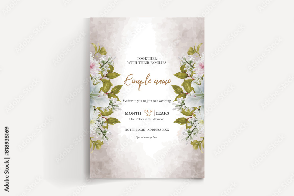 WEDDING INVITATION FRAME WITH FLOWER DECORATIONS AND FRESH LEAVES WEDDING INVITATION FRAME WITH FLOWER DECORATIONS AND FRESH LEAVES