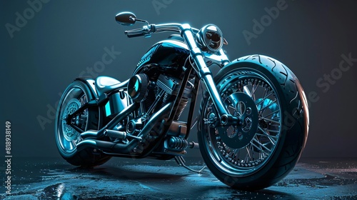 motorcycle is sitting on a reflective surface.