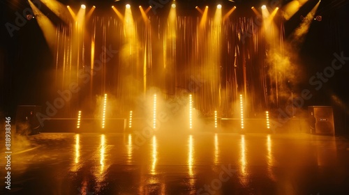 luxurious gold stage with dramatic lighting effects smoky atmosphere and spotlights simple elegant event background