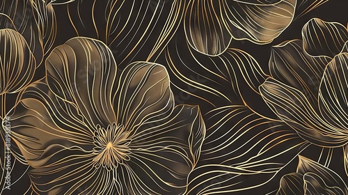 luxurious gold floral line art wallpaper in modern boho style