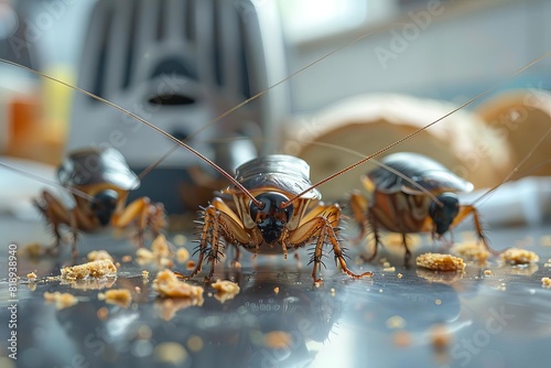 A group of cockroaches hiding behind a toaster in a kitchen where food wrappers and stale bread litter the countertop photo