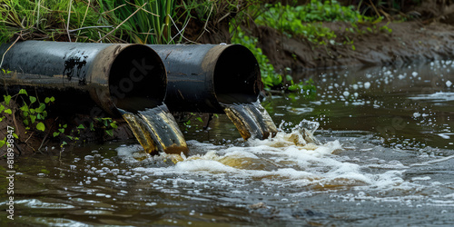 Water pollution in river. Dirty black water flows from a street pipe into a clean river. 