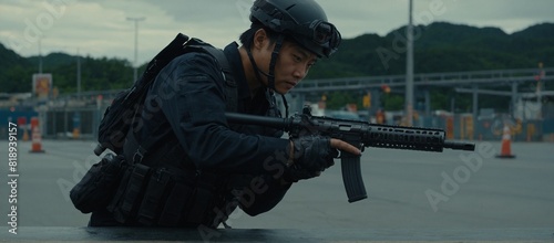soldier with weapen on street 