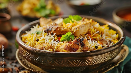  chicken biryani with rice and vegetables. photo