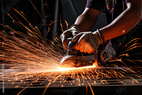sparks, iron cutting using hand grinder
