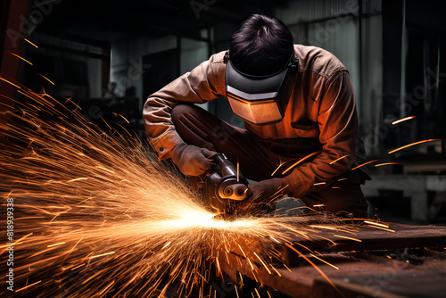 sparks, iron cutting using hand grinder