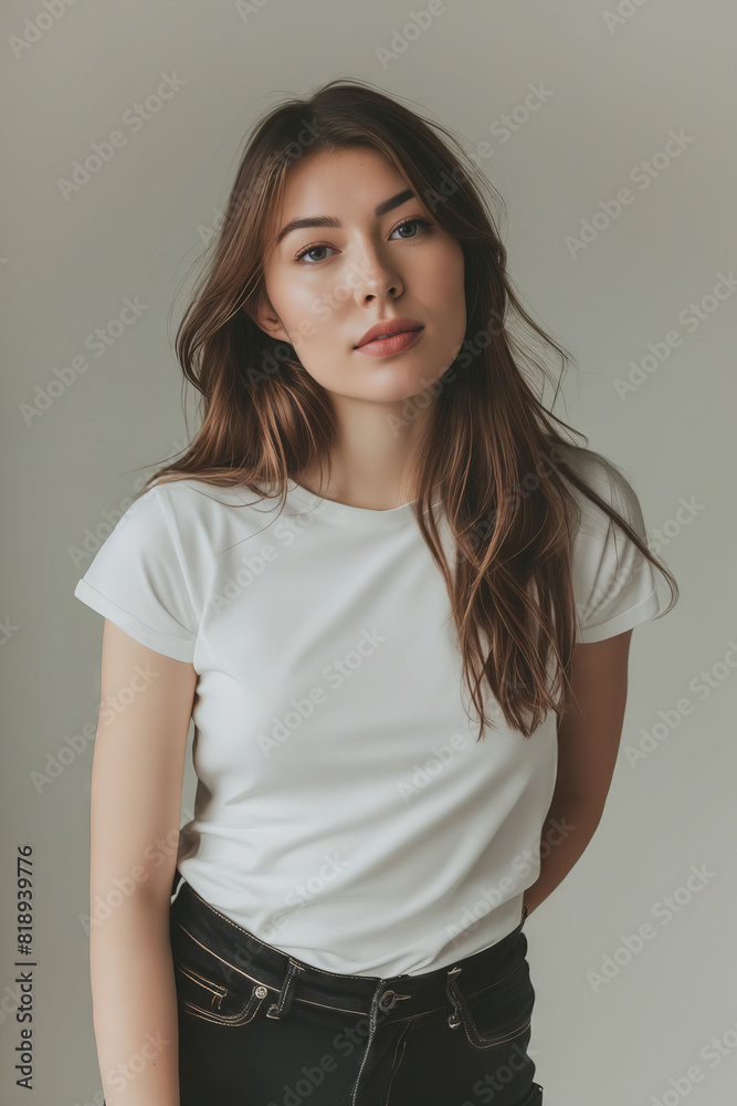 A woman in black jeans and white t - shirt. A woman in black jeans and white t - shirt.
