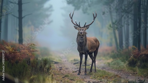majestic deer standing alert on misty forest road a serene moment in the midst of potential danger © furyon