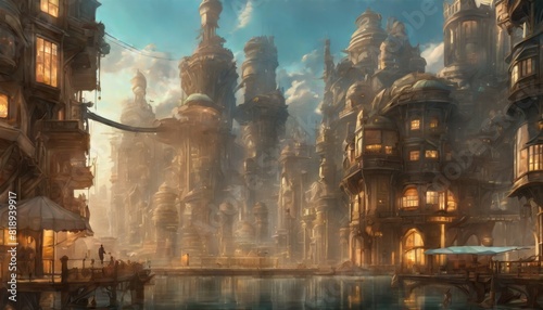 An enchanted cityscape with towering, intricate architecture reflects gently on calm waterways, evoking a sense of wonder in this captivating fantasy artwork.. AI Generation