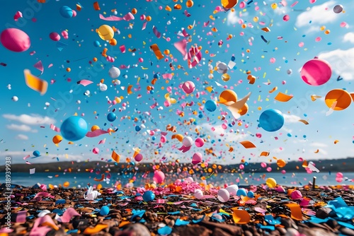 Colorful Balloon and Confetti Explosion Outdoors - Celebration and Festivity with Vibrant Background