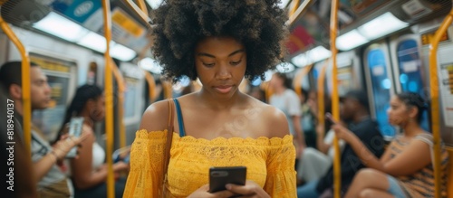 Woman Browsing Phone in Subway photo
