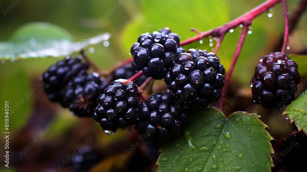 Blackberries grow in the garden. Ripe and unripe blackberries on a bush. selective focus. Generative AI, Blackberries grow in the garden. Ripe and unripe blackberries on a bush. selective focus. Generative AI,