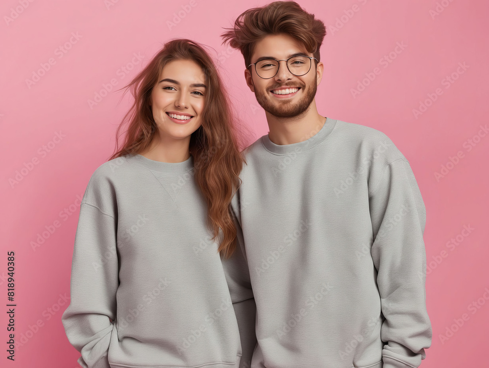 Young couple in grey sweatshirts posing on pink background. Young couple in grey sweatshirts posing on pink background.
