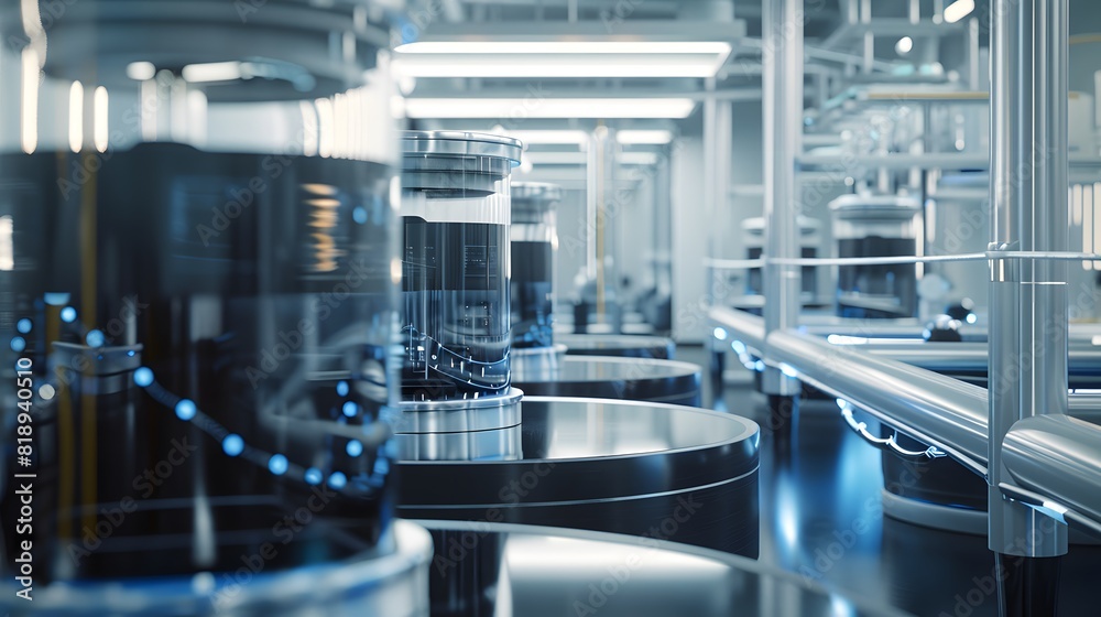 A laboratory scene with tanks of electrolytes and futuristic battery prototypes, emphasizing the innovative nature of redox flow batteries and their potential for scalable energy storage A laboratory scene with tanks of electrolytes and futuristic battery prototypes, emphasizing the innovative nature of redox flow batteries and their potential for scalable energy storage
