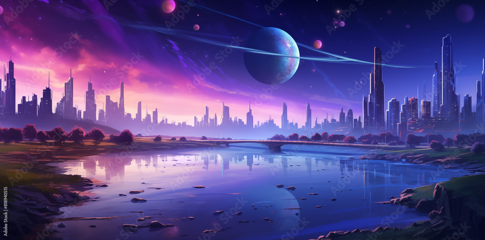 Alien landscape with stars, sky is purple blue background