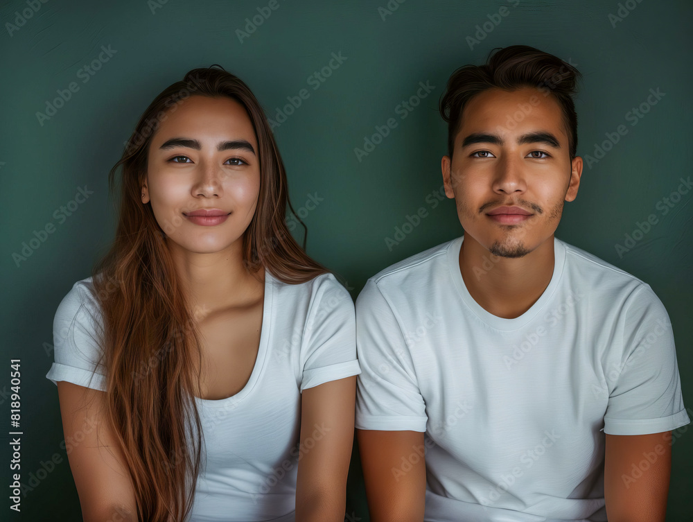 A young couple posing for a photo against a green background. A young couple posing for a photo against a green background.