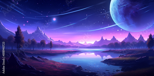 Alien landscape with stars, sky is purple blue background