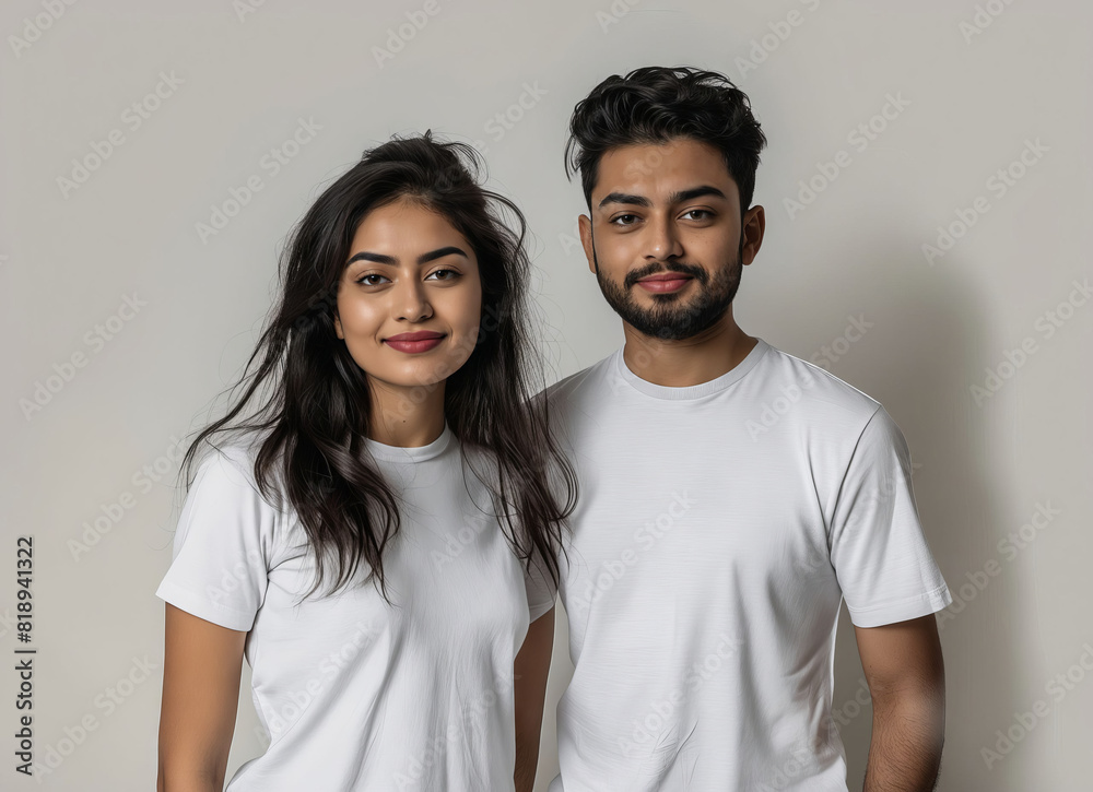 A man and woman in white t - shirts. A man and woman in white t - shirts.