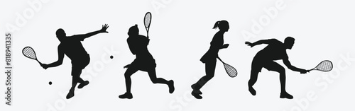 Squash player silhouettes set. Male and female athletes, sport theme. Isolated on white background. Vector illustration.