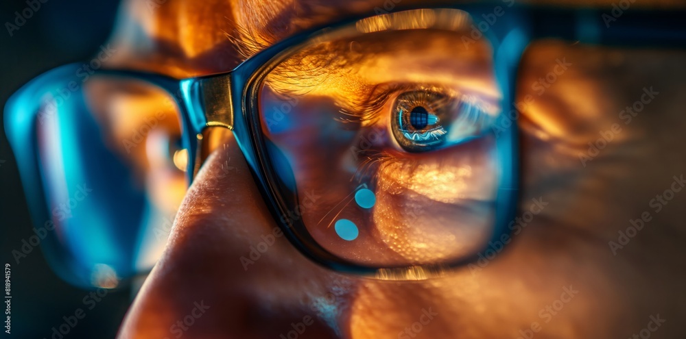 Close-up of Man's Eye with Glasses and Reflections Close-up of Man's Eye with Glasses and Reflections