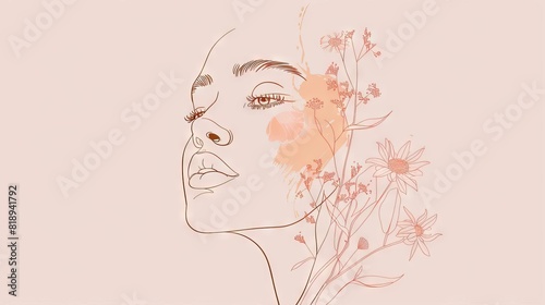 minimalist line art illustration of female face with flowing hair and floral elements feminine beauty concept