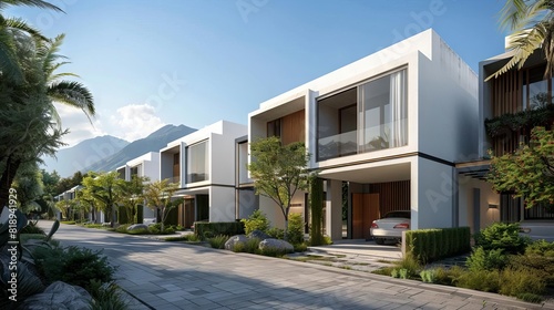 minimalist modular private townhouses contemporary residential architecture exterior 3d rendering © furyon