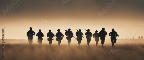 silhouette of soldiers on a morning run  lined up in a row in an open field 