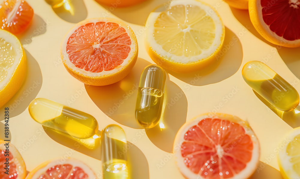 Healthy transparent vitamin C capsules with slices of exotic fresh citrus fruits, immunity and human health concept.