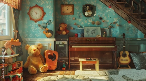 A cozy corner filled with plush toys and musical instruments, where creativity knows no bounds