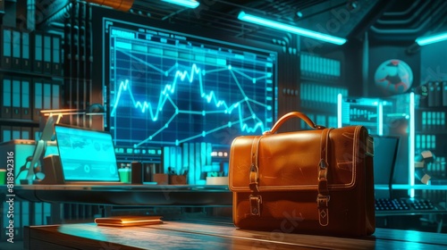 minimalist stock market setup with vibrant blue graphs and leather briefcase stylish traders desk digital illustration