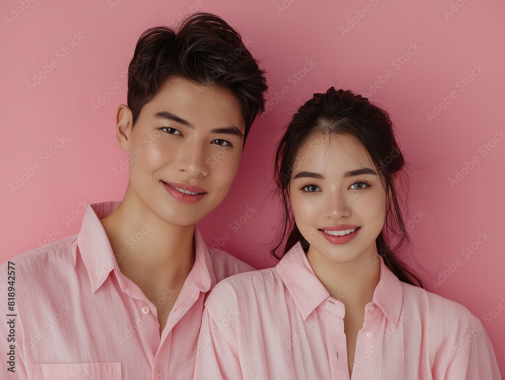 A man and woman in pink shirts posing for a photo. A man and woman in pink shirts posing for a photo.
