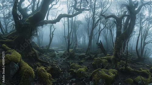 misty aokigahara forest with gnarled trees and mossy rocks eerie long exposure © furyon