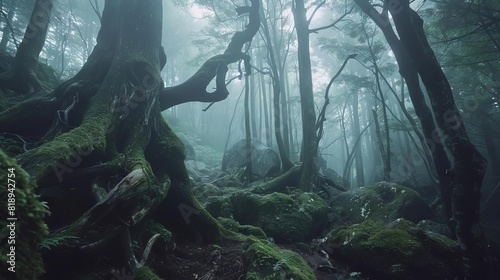 misty aokigahara forest with gnarled trees and mossy rocks eerie long exposure photo