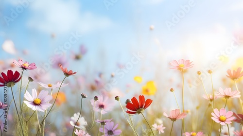 Colorful flower meadow with sunbeams and blue sky. Generative AI.
