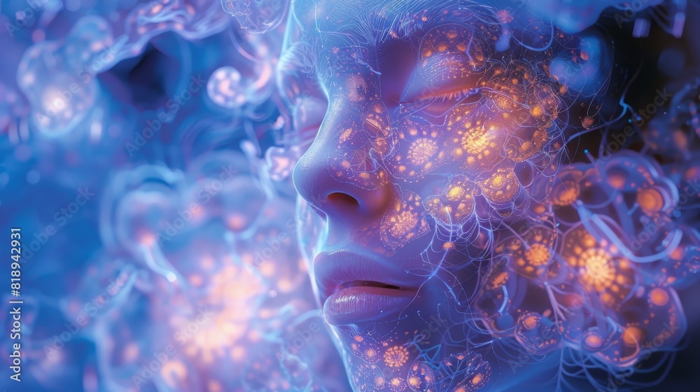 The image is a portrait of a woman's face. Her face is covered in glowing blue and purple particles. The background is a dark blue color. The image is a portrait of a woman's face. Her face is covered in glowing blue and purple particles. The background is a dark blue color.