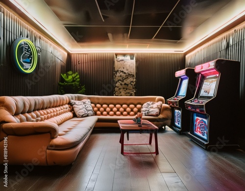 A retro arcade room with a sectional sofa set, classic arcade games, and neon signage for a nostalgic gaming space. photo