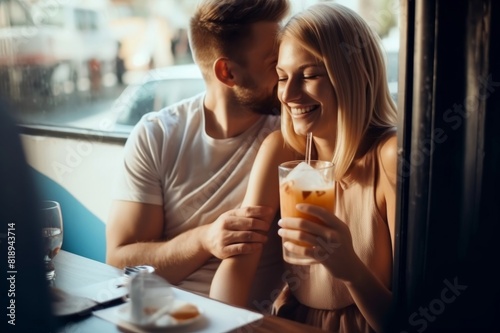 Cheerful boyfriend hugging his beautiful girlfriend while drinking iced coffee in a coffee shop