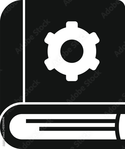Vector icon of technical manual book with gear symbol for technology instruction and guide. Black and white design for engineering illustration of machinery learning and reference